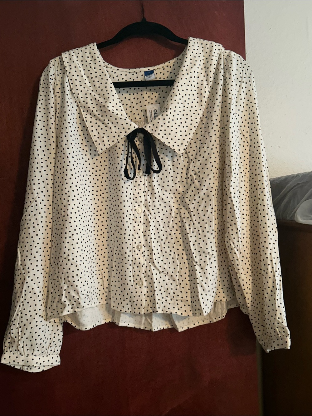 Old Navy Cream Blouse with Black Polka Dots and Black Neck Tie
